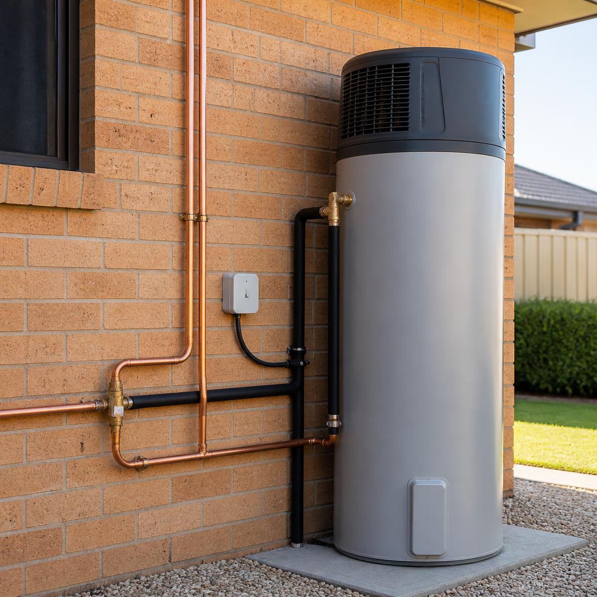 Hot water system and copper pipework installed on the exterior wall of a home