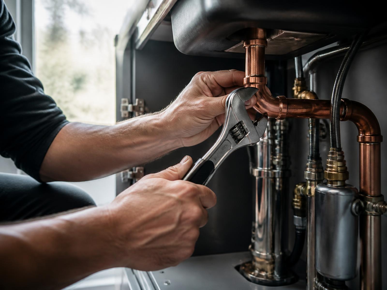 Plumber tightening copper pipework beneath a sink